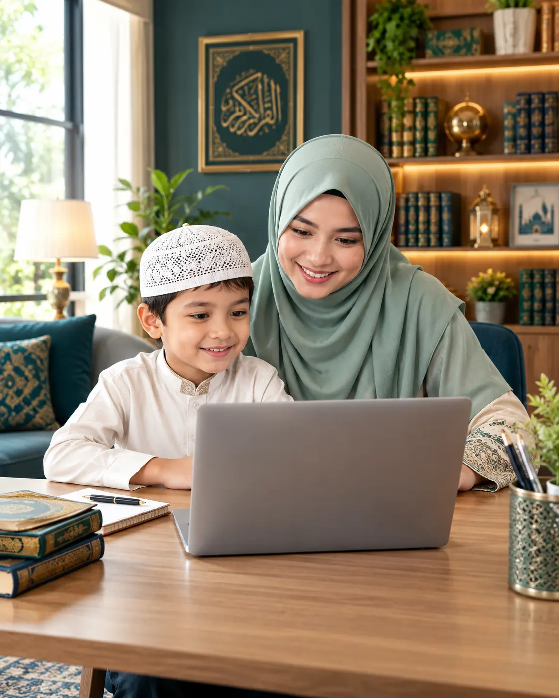 Mother and son studying Quran online