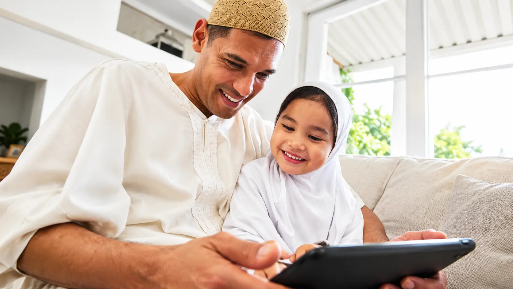 Happy parent and child reading Quran reviews