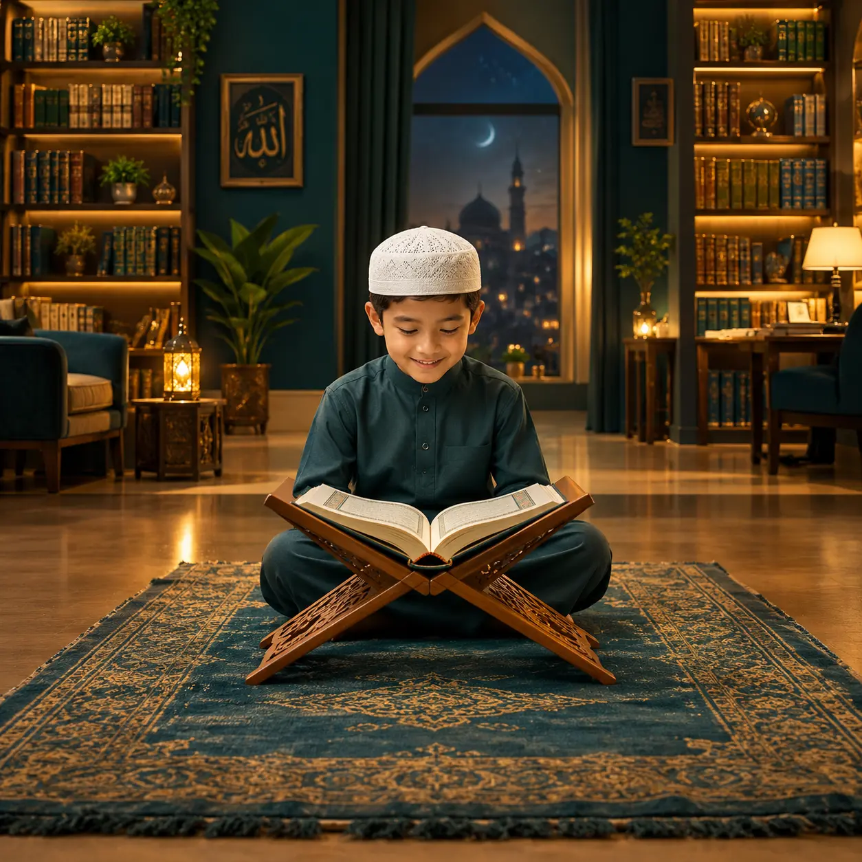 Asian Muslim child happily reading an illuminated open Quran