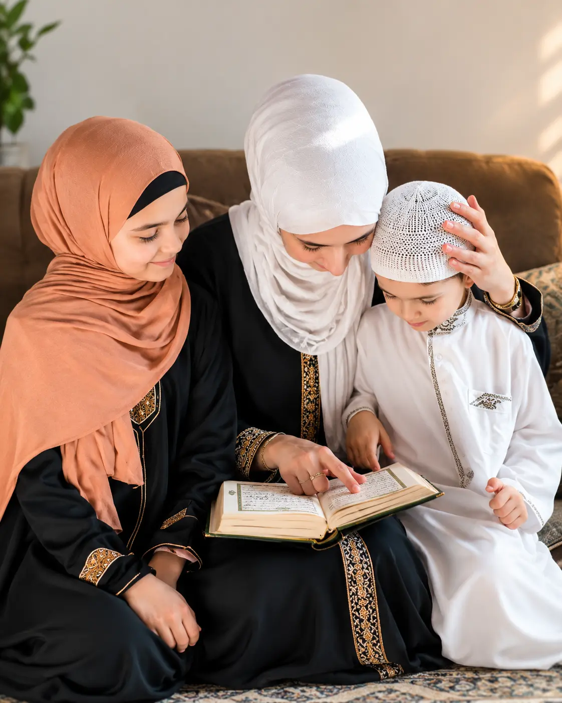 Asian Muslim parent and teenager are sitting together studying the Quran