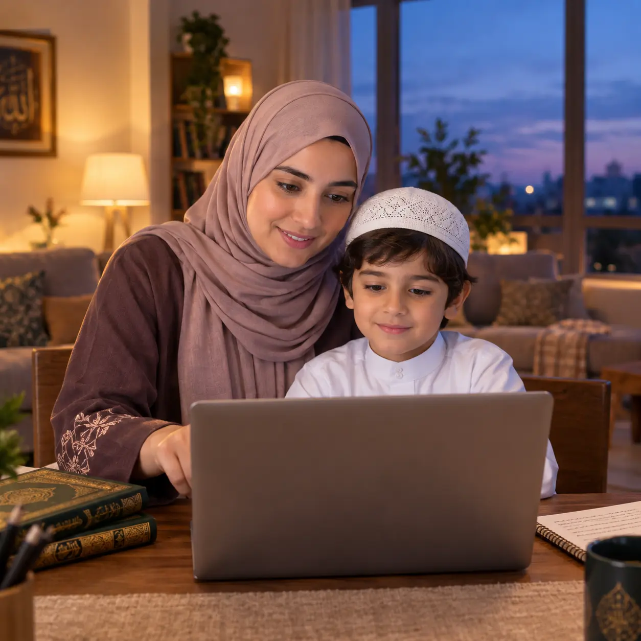 Mother and child taking online Quran classes at home